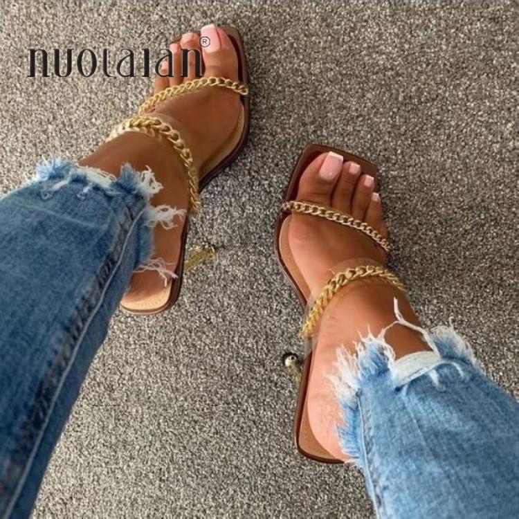 all in one place בגדי נשים Summer Pumps Fashion Chain Slippers Sandals Shoes Women Thin High Heels Slip On Square Toe Slides Sandal Lady Pump Shoes Mules