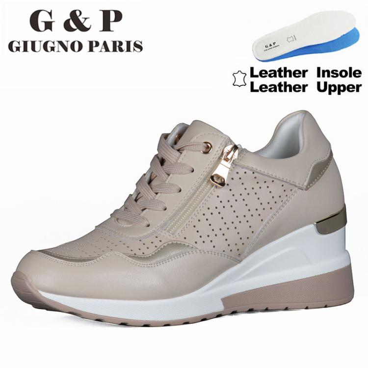 all in one place בגדי נשים Leather Upper Leather Insole Women Sneakers Lace up and Zipper Wedge waling shoes Comfortable and Light weight 6 cm Platform