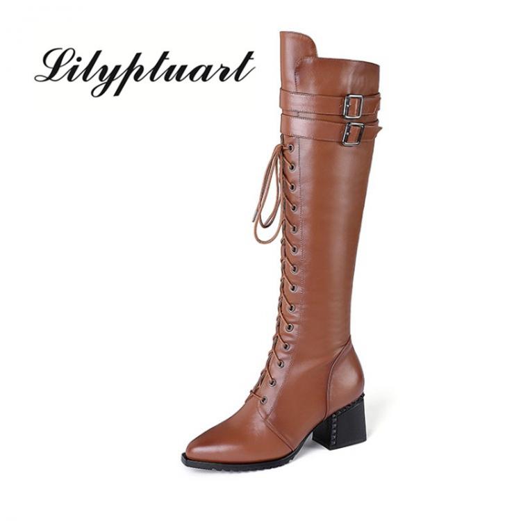 all in one place בגדי נשים Winter Knee High Boots Women Natural Genuine Leather Zip Thick High Heel Long Boots Buckle Pointed Toe Shoes Lady Autumn