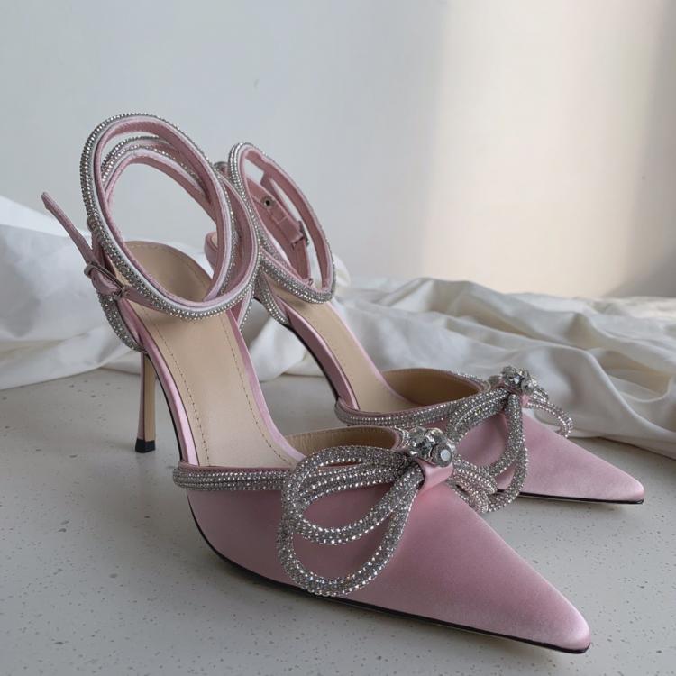 all in one place בגדי נשים Rhinestone Baotou sandals 2021 new summer fairy wind pointed pink high-heeled bow tie thin heel winding bandage