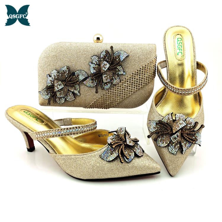 all in one place בגדי נשים 2021 New Arrival Italian Design Nigerian Fashion Summer Flower Style Party Women Shoes and Bag Set in Champange Gold Color