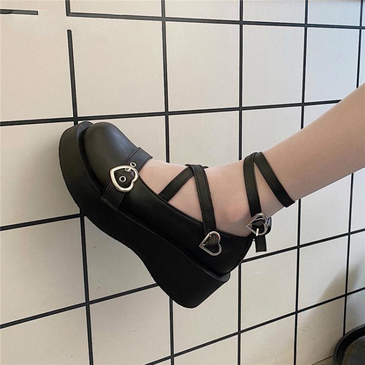 all in one place בגדי נשים Sweet Lolita Shoes Platform Round Head Thick Heel Cross Bandage Women Shoes Kawaii Shoes Cosplay Mary Jane Shoes Heart Buckle
