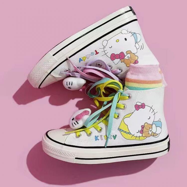 all in one place בגדי נשים Women's Canvas Shoes High-top Flat Canvas Shoes Hand-painted Couple Student Sneakers  Hello Kittyed Shoes for Women Sneakers