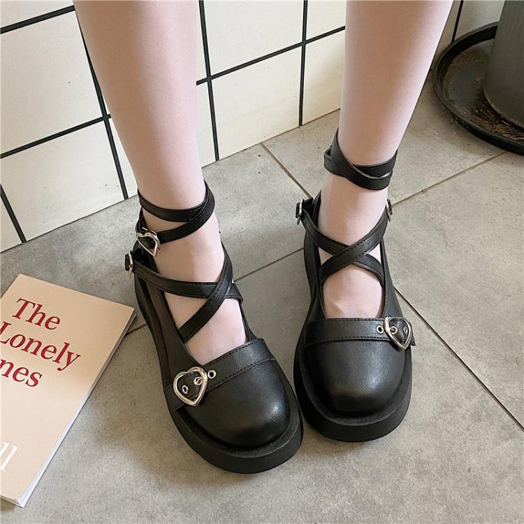 all in one place בגדי נשים Women Shoes Sweet Lolita Shoes Platform Round Head Thick Heel Cross Bandage Kawaii Shoes Cosplay Mary Jane Shoes Heart Buckle