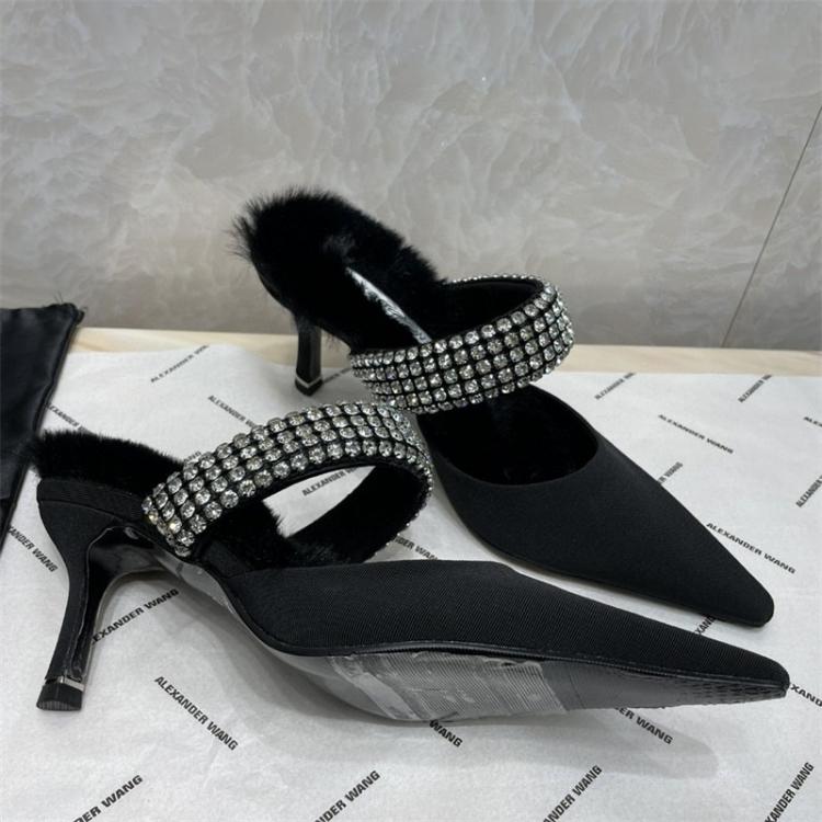 all in one place בגדי נשים Alex Women's Rabbit Fur High Heel Shoes Ander Wang Crystal Diamond Patent Leather Black Satin 7cm Thin Heel Shoes 122742