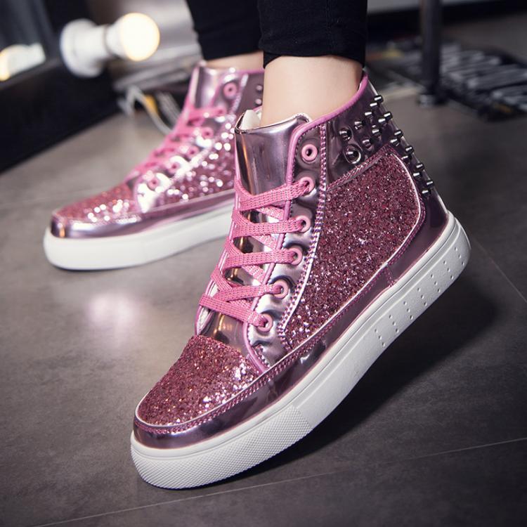 all in one place בגדי נשים Women High Top Sneakers Gold Silver Glitter Sneakers Women Casaul Shoes Lace Up Platform Women Shoes Sequins Rivets Lovers Shoes