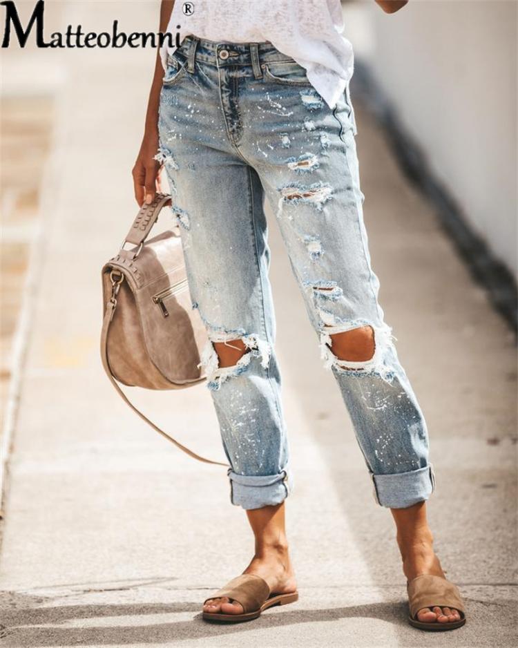 all in one place בגדי נשים 2021 New Women Fashion Mid Waist Boyfriend Big Ripped Hole Jeans Casual High Street Denim Pants Sexy Vintage Pencil Calca Jeans