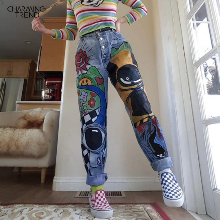 all in one place בגדי נשים Women’s Cartoon Printed Jeans Atumn Winter Girls Harem Pant Trousers Single Breasted Pants Denim Female Hight Waist Denim Jean