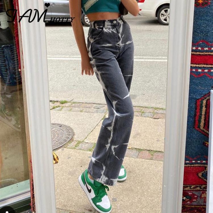 all in one place בגדי נשים Grey Brown Aesthetic High Waist Women's Straight Jeans Harajuku Baggy Tie Dye Print Casual Mom Denim Trouser Streetwear Iamho
