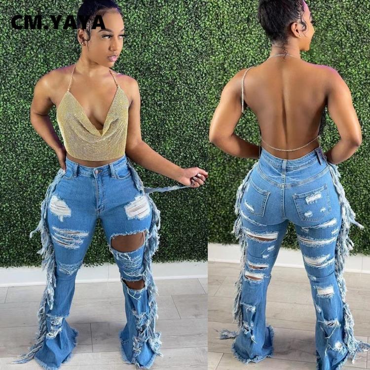 all in one place בגדי נשים CM.YAYA Women Jeans Mid Waist Zipper Fly Ripped Full Length Flare Pants Female Fashion High Street Jeans Summer Trousers 2021