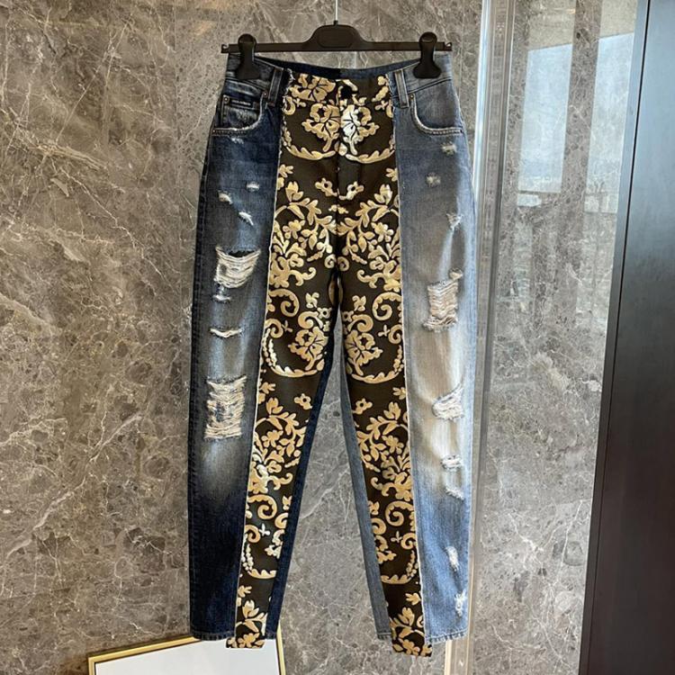 all in one place בגדי נשים High Quality Fashion Runway Woman's Jeans Retro Patchwork Jacquard Street  Ripped Jeans Comfort Leisure Woman 2021