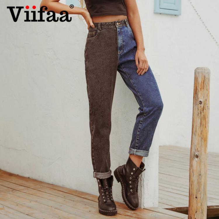 all in one place בגדי נשים Viifaa Black and Blue Two Tone High Waist Denim Jeans for Women 2021 Zipper Fly Casual Ladies Straight Jeans