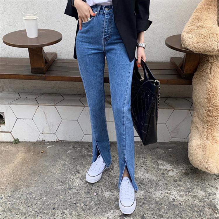all in one place בגדי נשים Blue Streetwear Split Jeans 2021 High Quality Stylish Fashion Chic High Waist Women Casual Slender Denim Flare Pants