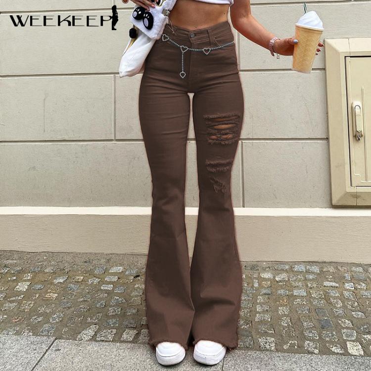 all in one place בגדי נשים Weekeep Streetwear Women Elastic Jeans High Waist Ripped Casual Flare Denim Pants Summer Harajuku Hollow Out Korean 90s Trousers