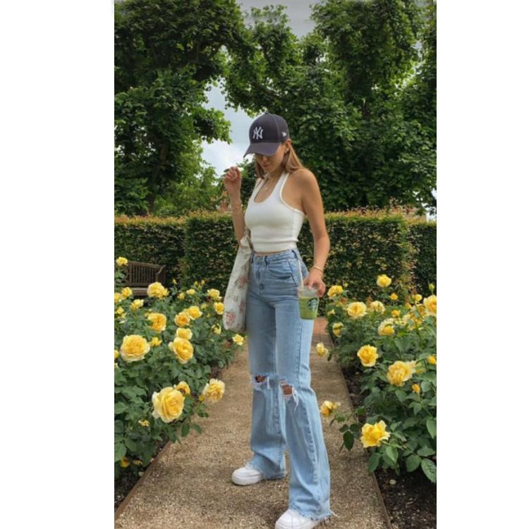 all in one place בגדי נשים Jeans women's pants High Waist Wide Leg Pants with holes washed blue denim pants 2021