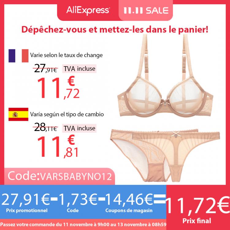 all in one place בגדי נשים Varsbaby ultra-thin cup mesh lace underwear transparent unlined 1 bra+2 panties plus size bra set for ladies