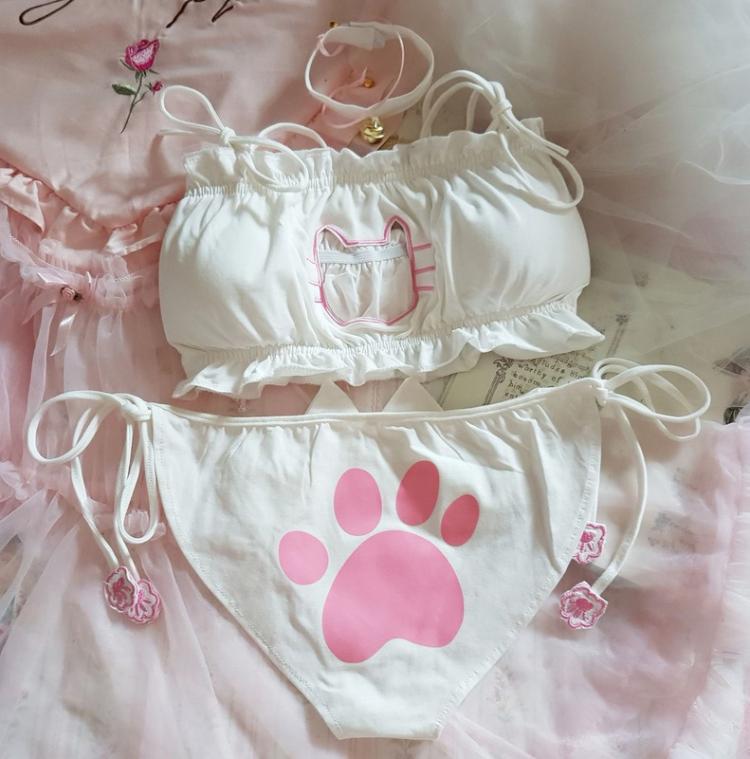 all in one place בגדי נשים Japanese anime cos sexy cute  Cat girl cotton hollow Out Sexy Open Chest Lace-up Underwear Set Cosplay Cute lace panties set