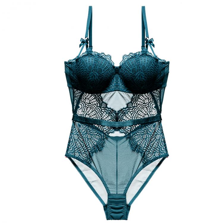all in one place בגדי נשים Sexy Bodysuit Women Lingerie Lace Push Up Balconette Bra Bow Decoration Underwire Peacock Feather Hollow Out Back Vidorra Store