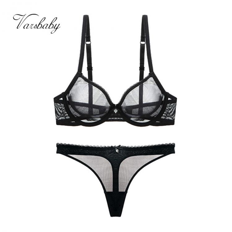 all in one place בגדי נשים Varsbaby sexy lace unlined underwear set solid transparent three quarters yarn thong plus size bra set