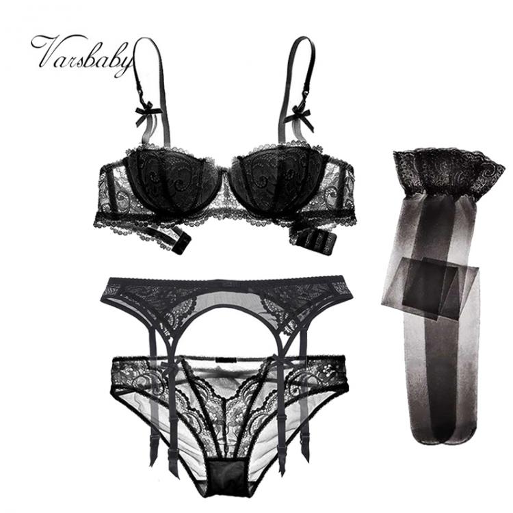 all in one place בגדי נשים Varsbaby Sexy Bow Underwire Half Cup Push Up Bra Set 4Pcs Bra+Panties+Garter+Stockings For Ladies