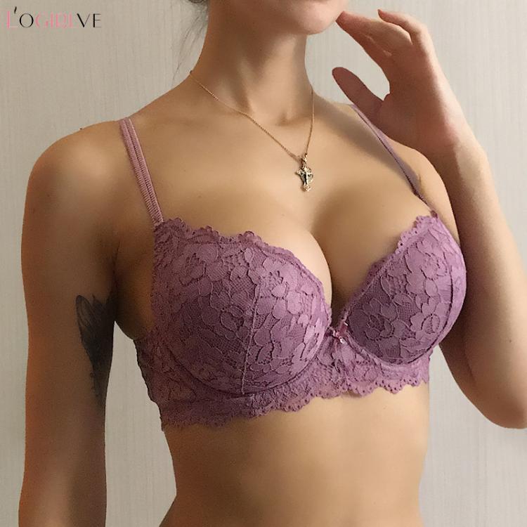 all in one place בגדי נשים Logirlve Hot Sexy Push Up Bra Deep V Brassiere Thick Cotton Women Underwear Lace Purple Embroidery Flowers Lingerie A B Cup Bras