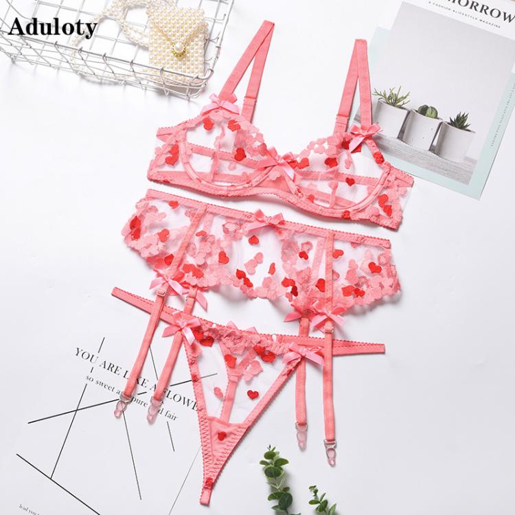 all in one place בגדי נשים Aduloty Women's Erotic Underwear Thin Heart-Shaped Polka Dot Transparent Temptation Sexy Lingerie Underwire Bra Garter Belt S