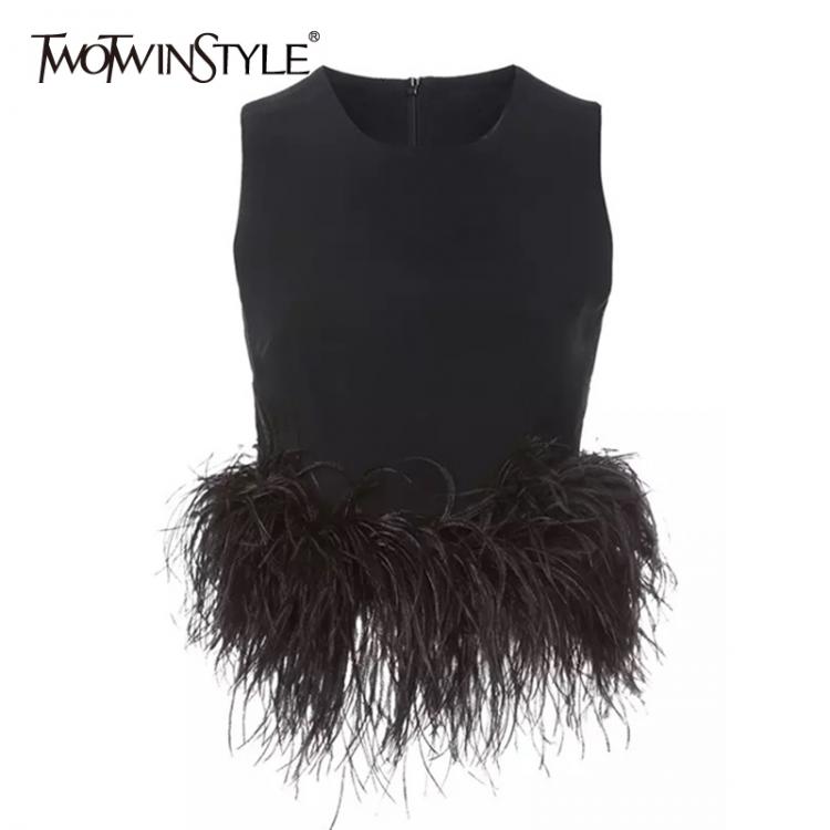 all in one place בגדי נשים TWOTWINSTYLE Black Patchwork Feathers Korean Fashion Shirt Top Women Round Neck Sleeveless Slim Tops Female 2021 Summer Clothing