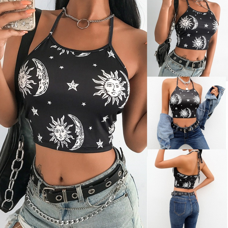 all in one place בגדי נשים Women's Stars Moon Print Halter Sexy Camisole Women Crop Top Summer Sleeveless Elastic Black Tank Tops
