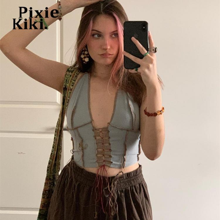 all in one place בגדי נשים PixieKiki Fairy Grunge Crop Top Women Summer Clothes 2021 Cyber Y2k Sexy Contrast Stitch Drawstring Halter Tank Tops P83-BE10