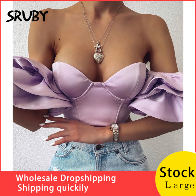 all in one place בגדי נשים Sruby Satin Ruffles Sexy Crop Tops Women Clothes Strapless Short Summer Tops Off Shoulder Crop Tank Top Beachwear Cropped 2020