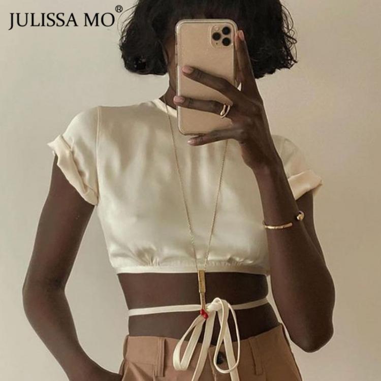all in one place בגדי נשים Julissa Mo Sexy Hollow Out Satin Tank Tops Women Backless Bandage Summer Cropped Top 2020 Pink O-Neck Casual Streetwear Vest Tee
