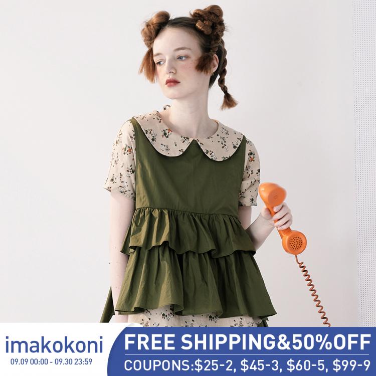 all in one place בגדי נשים imakokoni original Japanese ruffled vest smock female sweet outer wear round neck unbuttoned waistcoat tide spring