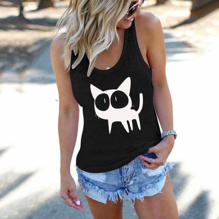 all in one place בגדי נשים Funny Cat Print Tank Top Women Sleeveless Harajuku Fitness Femme Black Summer Loose Vest Tops Mujer Clothes Woman Oversized