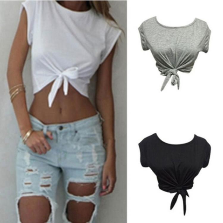 all in one place בגדי נשים Summer Women Knotted Tie Front Crop Tops Cropped T Shirt Casual Blouse Tanks camis Knotted Tie Front Crop Tops ropa mujer