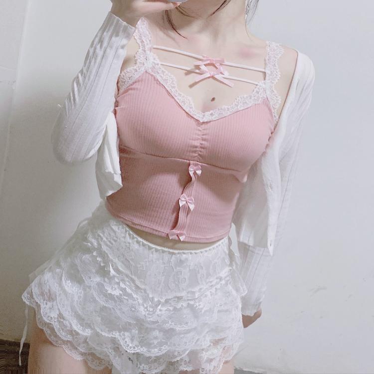 all in one place בגדי נשים Pink Crop Top Women Summer Cute Y2k Tops Lace Trim Bow Decoration Slim Camis Sweet Girl Lolita Style Aesthetic Kawaii Clothes