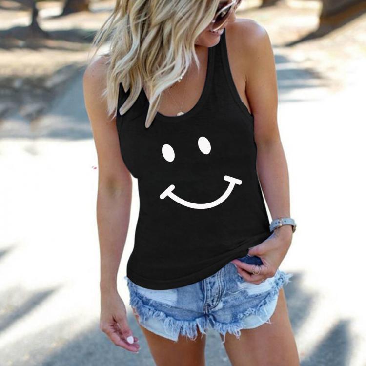 all in one place בגדי נשים Smiley Print Funny Women Tanks Tops Round Neck Sleeveless Sport Top Casual Summer Femme Vest for Woman Clothes Ropa Mujer