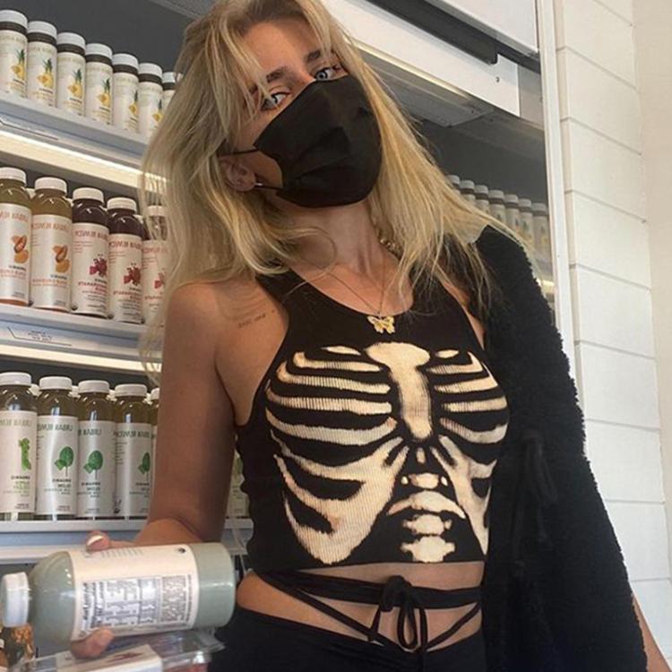 all in one place בגדי נשים Gothic Skeleton Pint Tank Tops Harajuku Y2k Aesthetic Grunge Ribbed Graphic Crop Top Women Vest Black Knitted Cropped Tanks Top