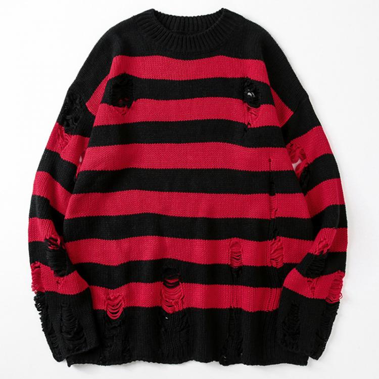 all in one place בגדי נשים Striped Sweaters Women Punk Unisex Sweater Autumn Hollow Out Hole Broken Jumper Loose Oversized Pullouvers Harajuku Streetwear