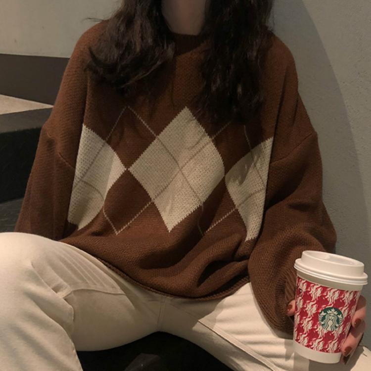 all in one place בגדי נשים Women Argyle Knitted Sweater Autumn Winter O-Neck Oversized Pullovers Korean Preppy Style Loose Jumper Female Casual Sweaters