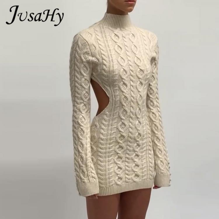 all in one place בגדי נשים JuSaHy Autumn Knitted Backless Mini Dress for Women Turtleneck Stretched Soft Bodycon Casual Streetwear Female Vestidos De Mujer