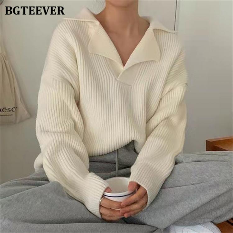 all in one place בגדי נשים BGTEEVER Casual Chic Loose Turn-down Collar Women Knitted Jumpers 2021 Autumn New Full Sleeve Female Solid Pullover Sweaters