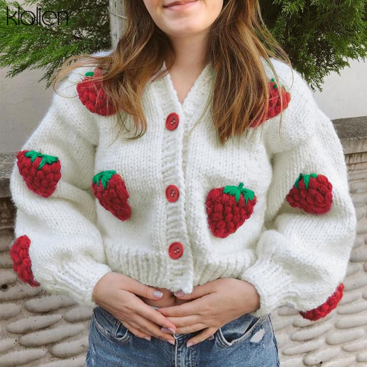 all in one place בגדי נשים KLALIEN Fashion Elegant Cute Print Strawberry Single Breasted Sweater Women Autumn Thicken Warm Cardigan Sweater Streetwear
