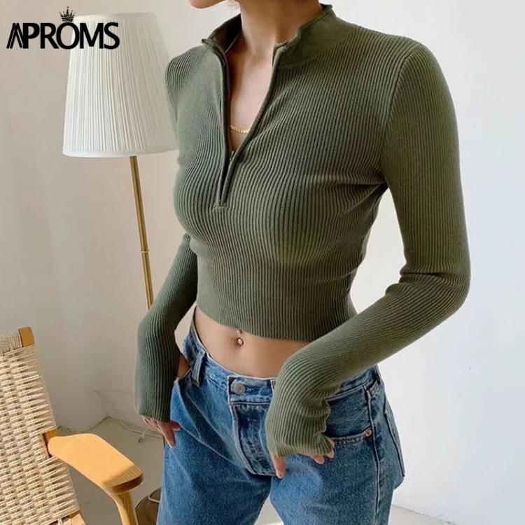 all in one place בגדי נשים Aproms Elegant High Neck Zipper Front Knitted Sweater Women Solid Basic Cropped Pullover Winter Spring Fashion Clothing Top 2021
