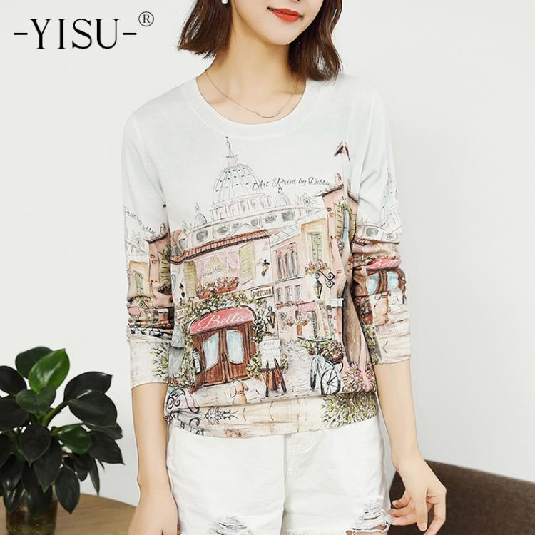 all in one place בגדי נשים YISU Sweater Women Soft pullover sweaters female Autumn Winter fashion casual loose Jumper O-neck Long sleeve Printed sweater