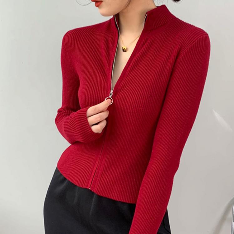all in one place בגדי נשים Autumn Elegant High Neck Zipper Knitted Sweater Women Solid Basic Cropped Cardigan Winter Fashion Clothing 2021 Korean Slim Tops
