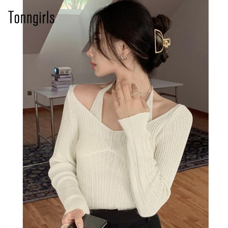 all in one place בגדי נשים Tonngirls Fake Two-piece T-shirt Long Sleeve Halter Black Tops Knit  Slim Sweater Tops Women Autumn  Spring Sexy Female Tee Tops