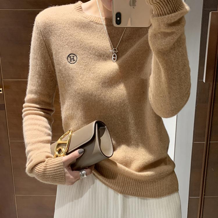 all in one place בגדי נשים New H letter embroidered cardigan women's round neck loose versatile sweater classic bottomed cashmere sweater outer top