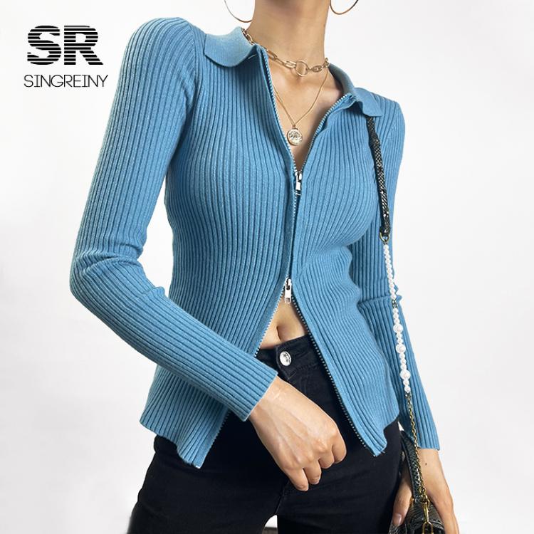 all in one place בגדי נשים SINGREINY Autumn Zipper Knitted Sweater Women Turndown-Collar Long Sleeve Elastic Knitted Tops Winter Fashion Basic Sweaters
