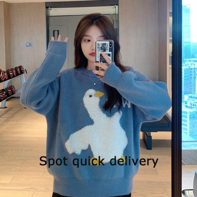 all in one place בגדי נשים Korean Style Casual Round Neck Pullover Oversize 2XL Japanese Women Sweet Lovely Winter Cartoon Goose Printed Knitted Sweater