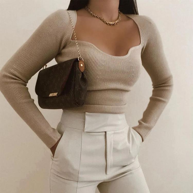 all in one place בגדי נשים 2021 New Women Knit Sweater Top Long sleeve heart-neck Casual Fashion Woman Slim-fit Tight Knitted sweaters Pullover Tops